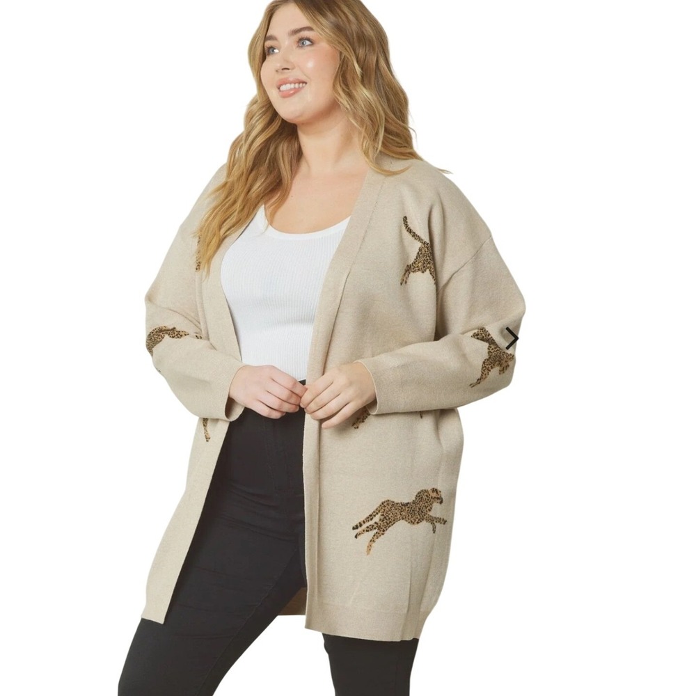 Entro‎ Leopard Print Open Front Cardigan Beige Oatmeal Oversized Sweater 1X